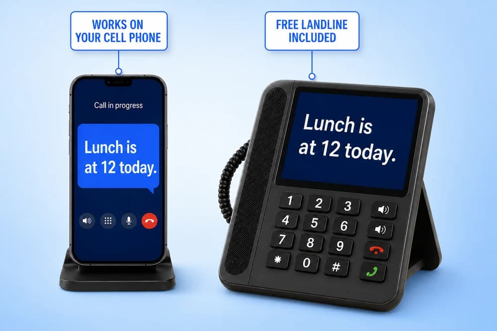 A cell phone and a captioned desk phone, both showing the caption 'Lunch is at 12 today.' Labels read: works on your cell phone, free landline included.
