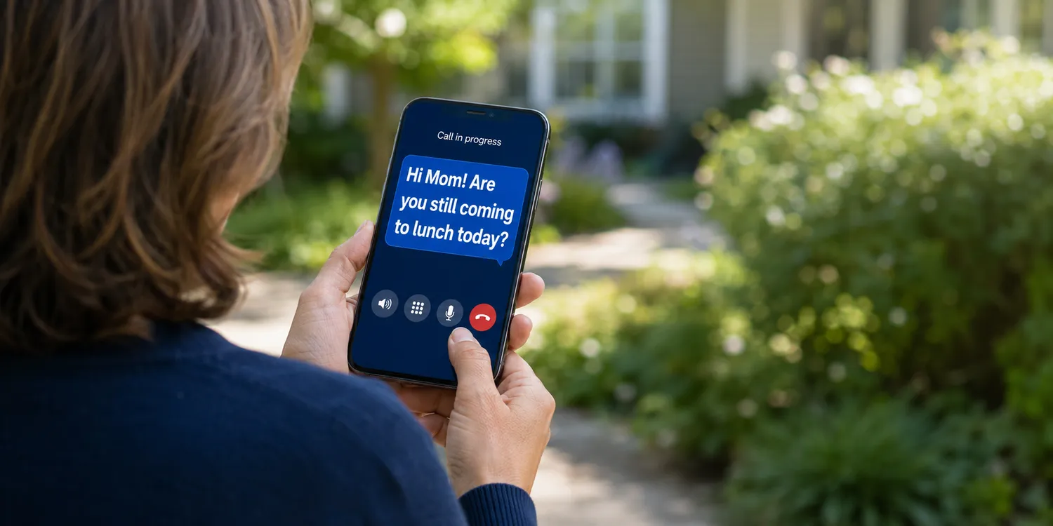Over the shoulder of a woman standing outside her home, reading captions on her mobile phone. The screen shows a call in progress with the words: 'Hi Mom! Are you still coming to lunch today?'